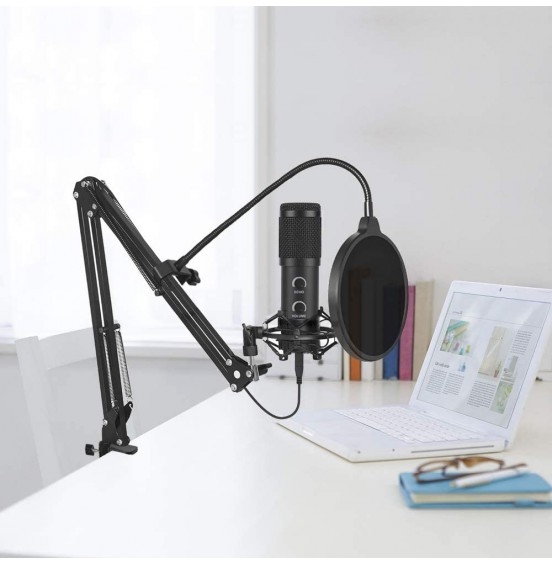 2021 Upgraded USB Condenser Microphone for Computer, Great for Gaming, Podcast, LiveStreaming, YouTube Recording, Karaoke on PC, Plug &amp; Play, with Adjustable Metal Arm Stand, Ideal for Gift, Black