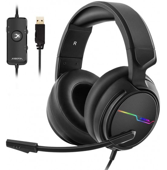 Jeecoo Xiberia USB Pro Gaming Headset for PC- 7.1 Surround Sound Headphones with Noise Cancelling Microphone- Memory Foam Ear Pads RGB Lights for Laptops