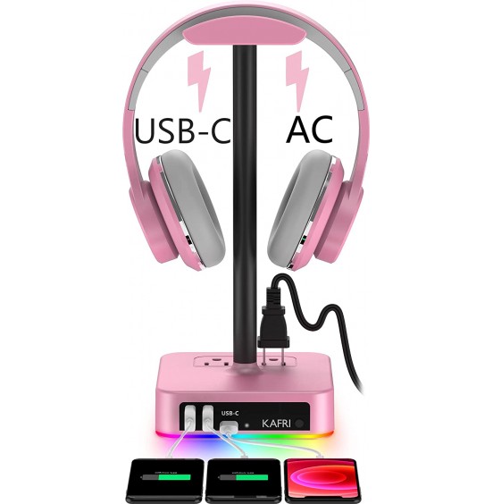 KAFRI RGB Headphone Stand with USB Charger Desk Gaming Headset Holder Hanger Rack with 3 USB Charging Port and 2 Outlet - Suitable for Gamer Desktop Table Game Earphone Accessories Boyfriend Gift