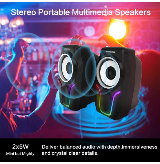 Computer Speakers,2.0 Stereo Volume Control Gaming Speakers with Surround Sound,6 RGB LED Backlit Effect,USB Powered Wired Laptop Speakers with 3.5mm for Desktop Computer/PC/Laptops(White)