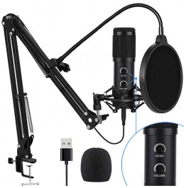 2021 Upgraded USB Condenser Microphone for Computer, Great for Gaming, Podcast, LiveStreaming, YouTube Recording, Karaoke on PC, Plug &amp; Play, with Adjustable Metal Arm Stand, Ideal for Gift, Black