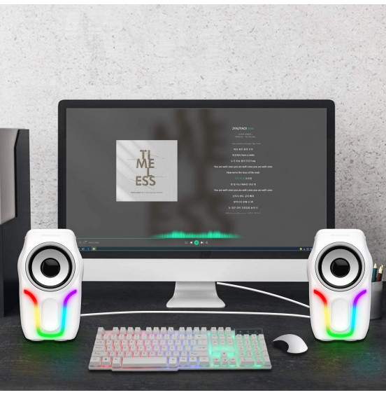 Computer Speakers,2.0 Stereo Volume Control Gaming Speakers with Surround Sound,6 RGB LED Backlit Effect,USB Powered Wired Laptop Speakers with 3.5mm for Desktop Computer/PC/Laptops(White)