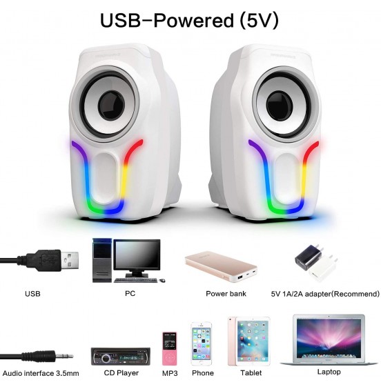 Computer Speakers,2.0 Stereo Volume Control Gaming Speakers with Surround Sound,6 RGB LED Backlit Effect,USB Powered Wired Laptop Speakers with 3.5mm for Desktop Computer/PC/Laptops(White)